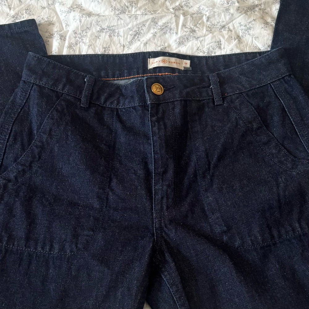 Tory Burch Dark Indigo Denim Jeans with Gold Button